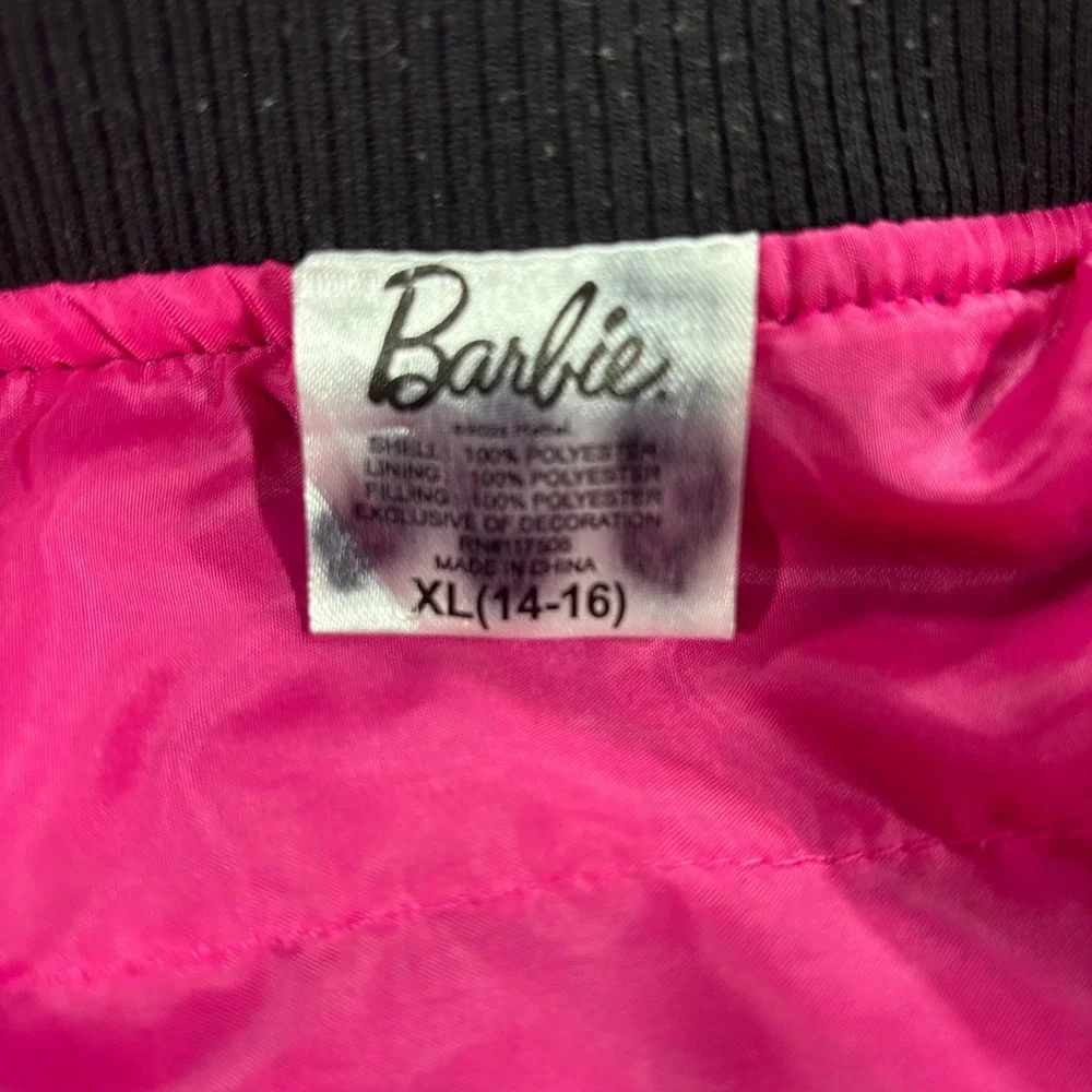 Barbie Bomber Jacket Kids XL (14-16) Black Pink Limited Edition Varsity Zip Up